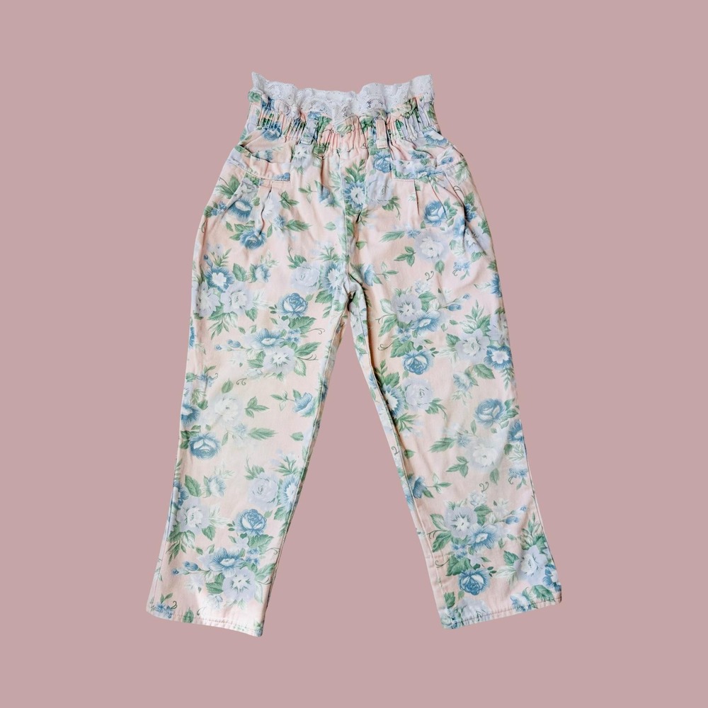 Vintage Pale‎ Pink Girly High Waist Floral Paper Bag Pants, Size 6X